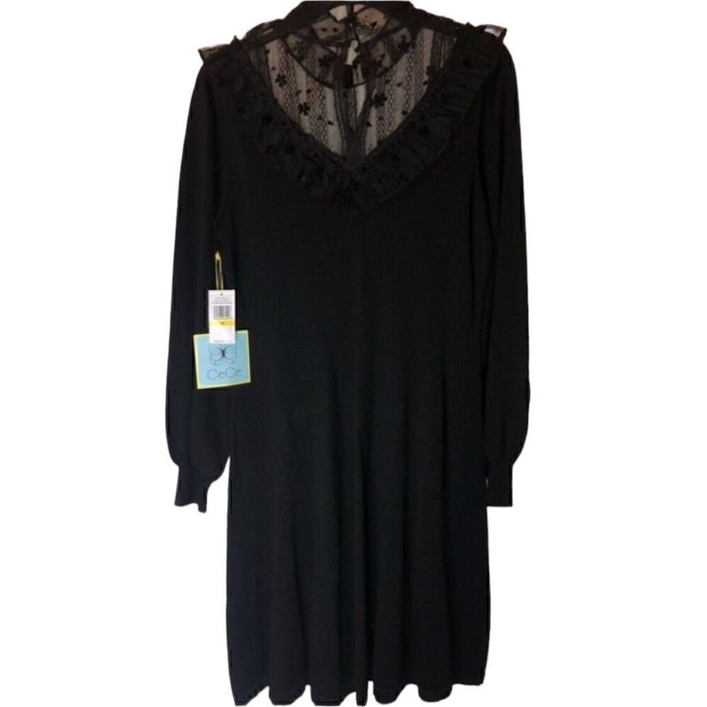 CeCe Black Ruffled Lace Top Button Back Long Sleeves Sweater Fabric BNWT…